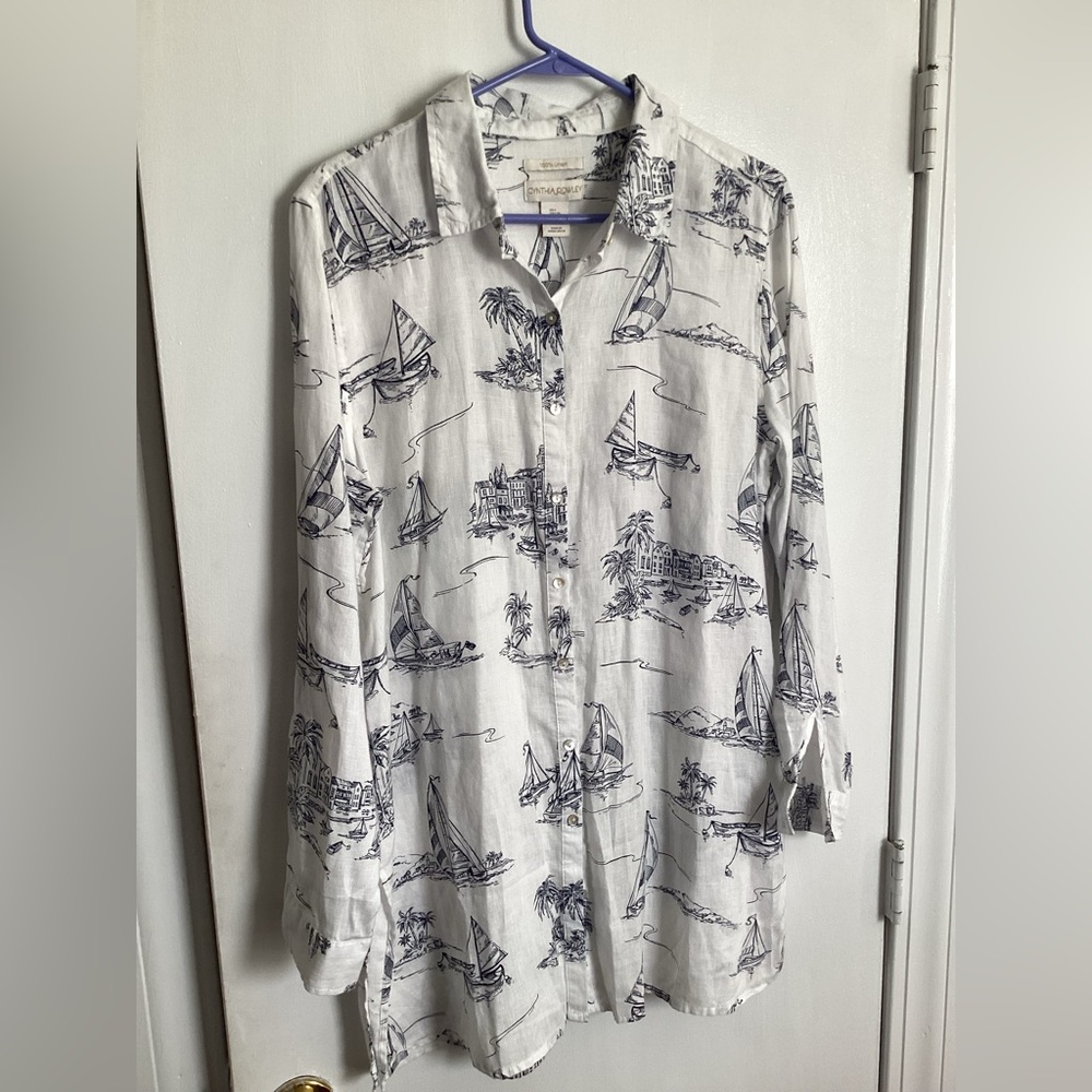 Cynthia Rowley Womens L 100% Linen Nautical shirt - perfect for beach